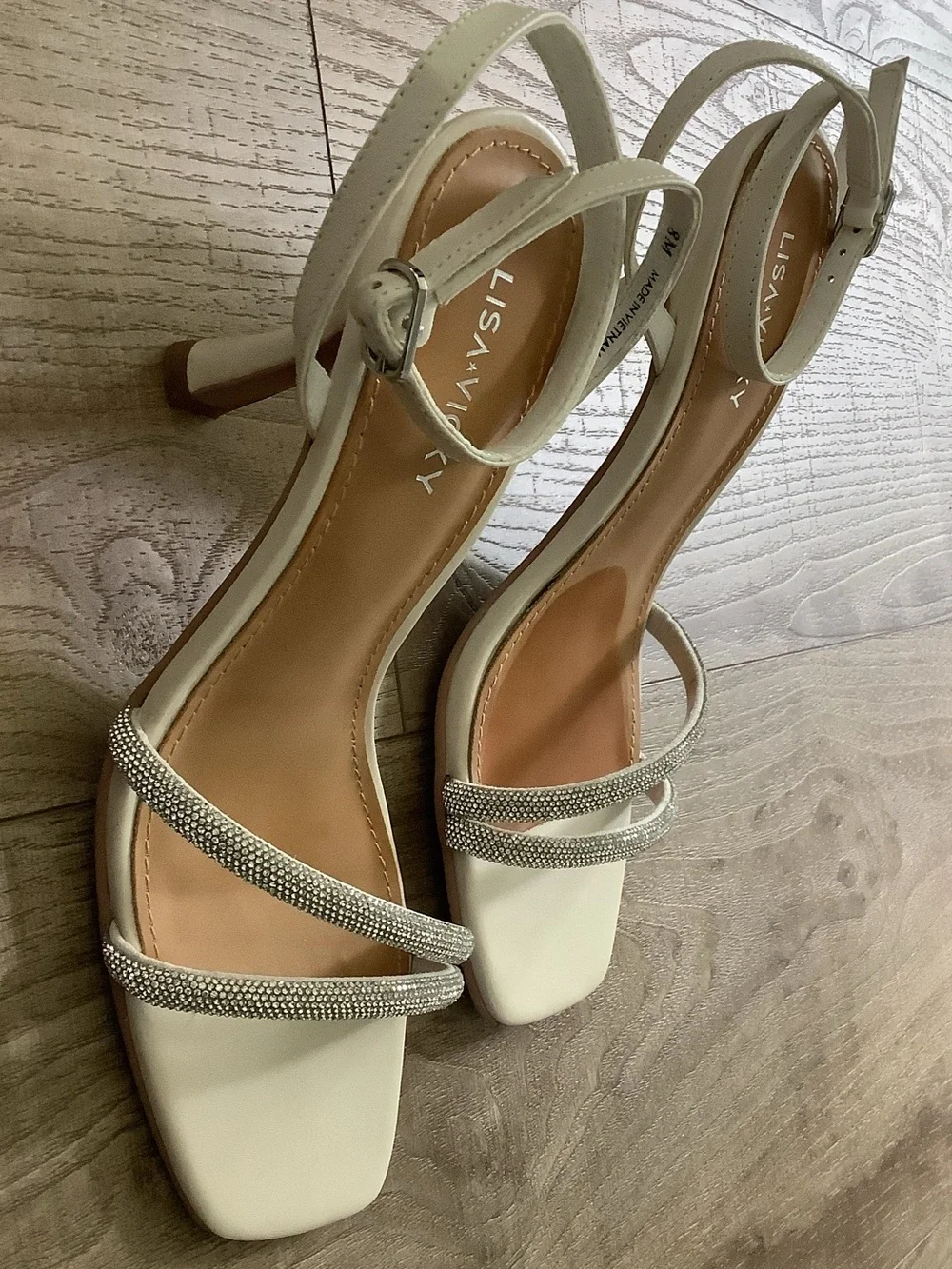 Lisa Vicky White Rhinestone Strap Block Heel Sandals